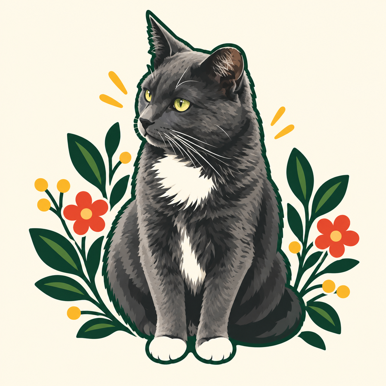 Illustration of Olive, a gray tuxedo cat with white paws and yellow-green eyes