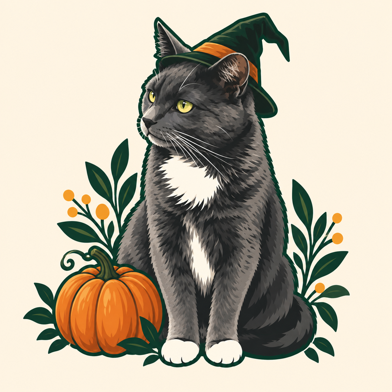 Illustration of Olive, the gray tuxedo bodega cat, wearing a witch hat beside a pumpkin